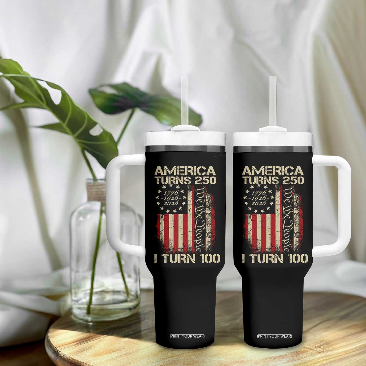 America Turns 250 I Turn 100 Tumbler With Handle 100th Birthday 250th Anniversary USA Vintage 1926 Bday TS11 Print Your Wear