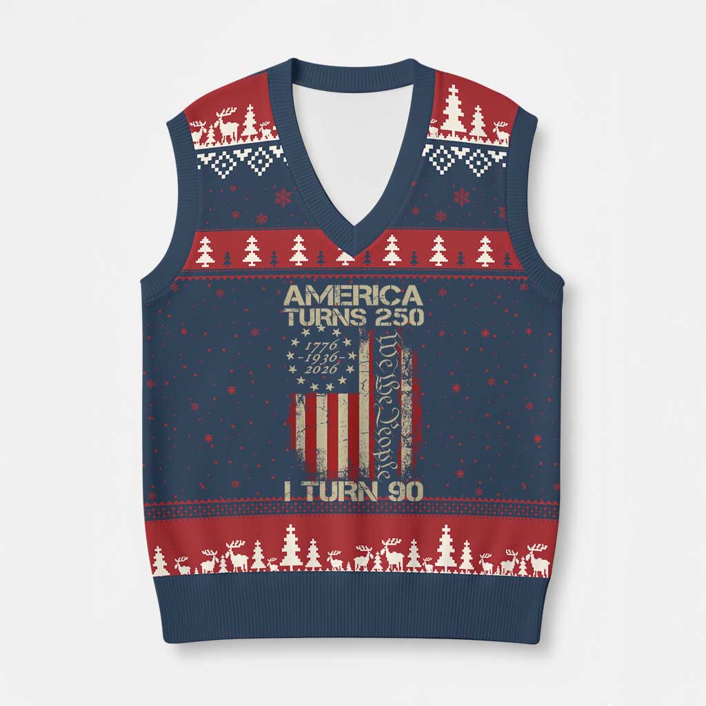 America Turns 250 I Turn 90 V-Neck Knit Sweater Vest 90th Birthday 250th Anniversary USA Vintage 1936 Bday TS11 Navy Red Print Your Wear