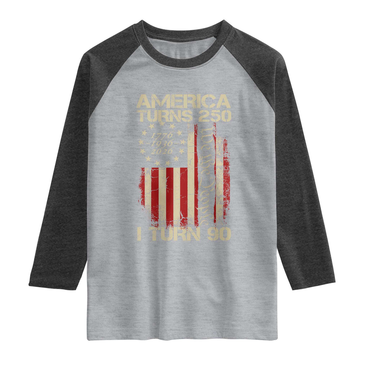 America Turns 250 I Turn 90 Raglan Shirt 90th Birthday 250th Anniversary USA Vintage 1936 Bday TS11 Heather Gray Heather Charcoal Print Your Wear