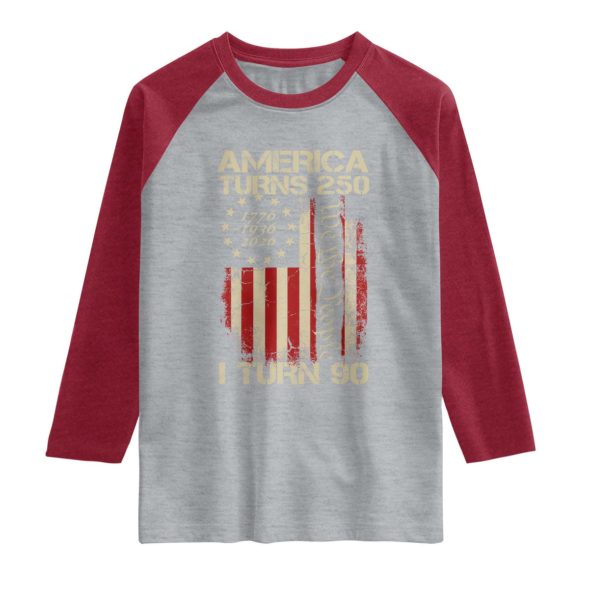 America Turns 250 I Turn 90 Raglan Shirt 90th Birthday 250th Anniversary USA Vintage 1936 Bday TS11 Heather Gray Heather Red Print Your Wear