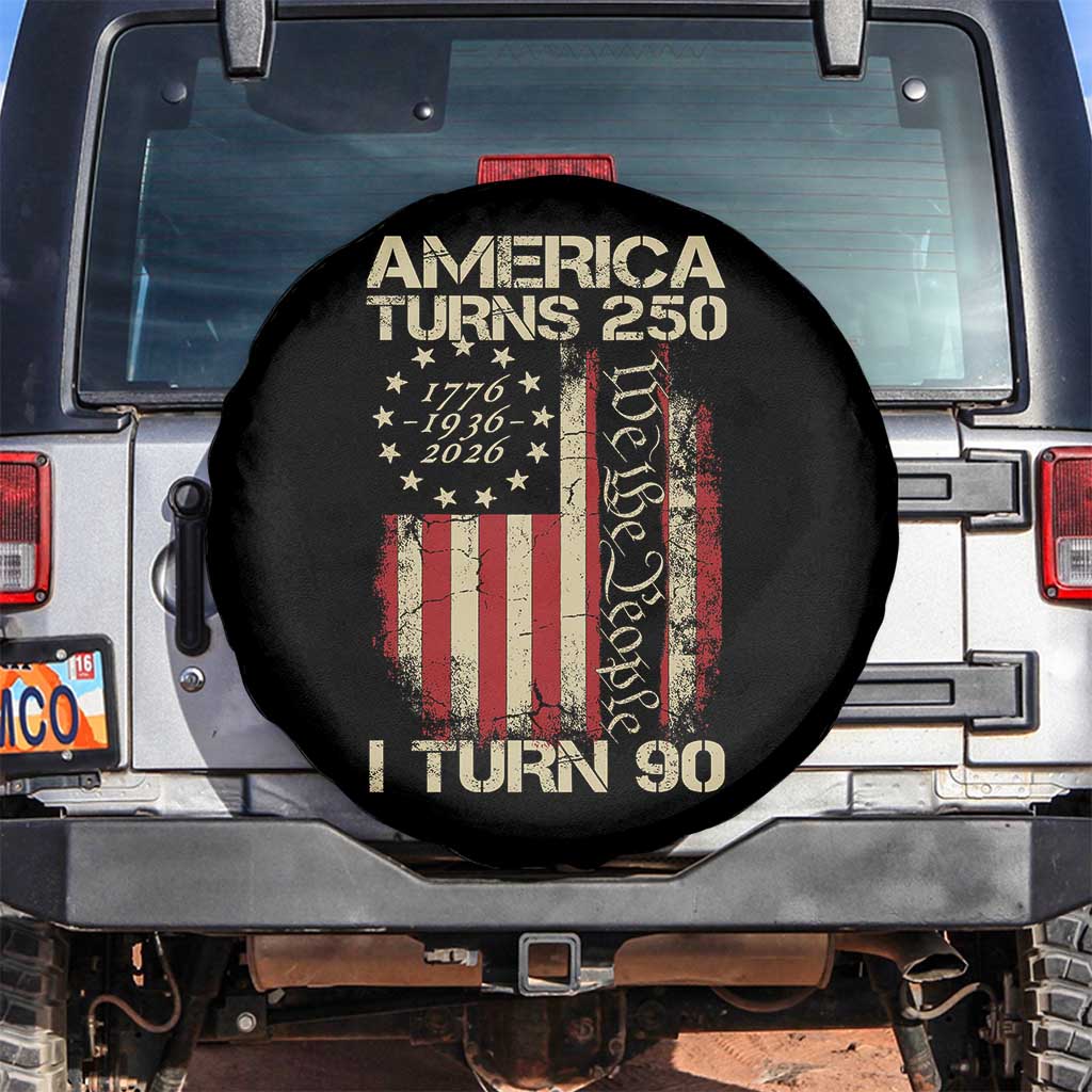 America Turns 250 I Turn 90 Spare Tire Cover 90th Birthday 250th Anniversary USA Vintage 1936 Bday TS11 No hole Black Print Your Wear