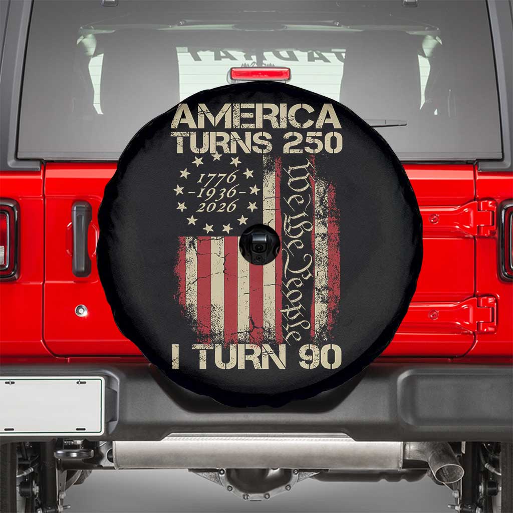 America Turns 250 I Turn 90 Spare Tire Cover 90th Birthday 250th Anniversary USA Vintage 1936 Bday TS11 Black Print Your Wear