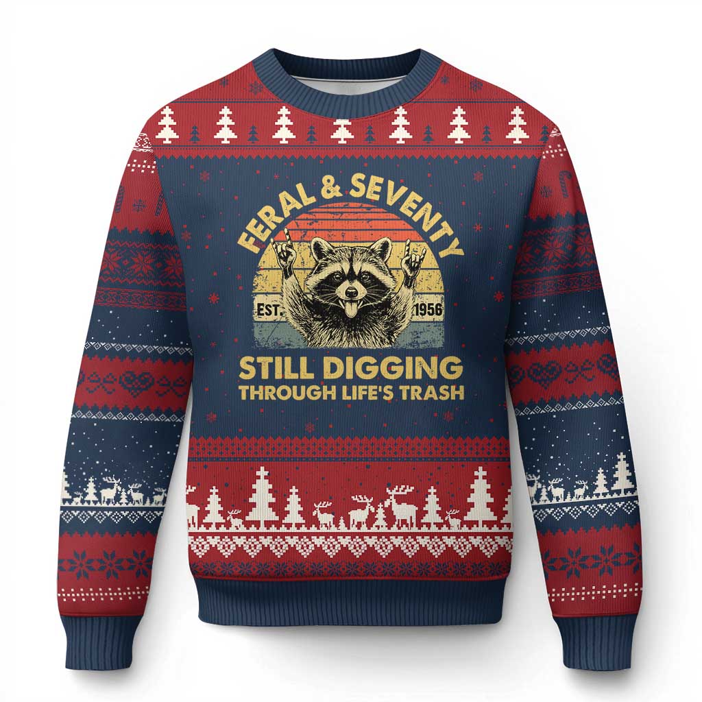 70th Birthday Raccoon Ugly Christmas Sweater Feral And Seventy Still Digging Through Life's Trash Est 1956 TS11 Navy Red Print Your Wear