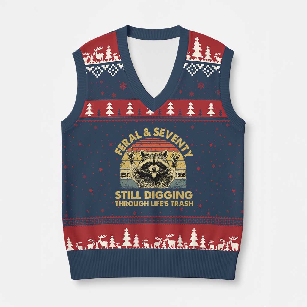 70th Birthday Raccoon V-Neck Knit Sweater Vest Feral And Seventy Still Digging Through Life's Trash Est 1956 TS11 Navy Red Print Your Wear