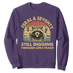 70th Birthday Raccoon Sweatshirt Feral And Seventy Still Digging Through Life's Trash Est 1956 TS11 Purple Print Your Wear