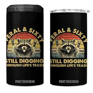 60th Birthday Raccoon 4 in 1 Can Cooler Tumbler Feral And Sixty Still Digging Through Life's Trash Est 1966 TS11 One Size: 16 oz Black Print Your Wear