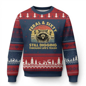 60th Birthday Raccoon Ugly Christmas Sweater Feral And Sixty Still Digging Through Life's Trash Est 1966 TS11 Navy Red Print Your Wear