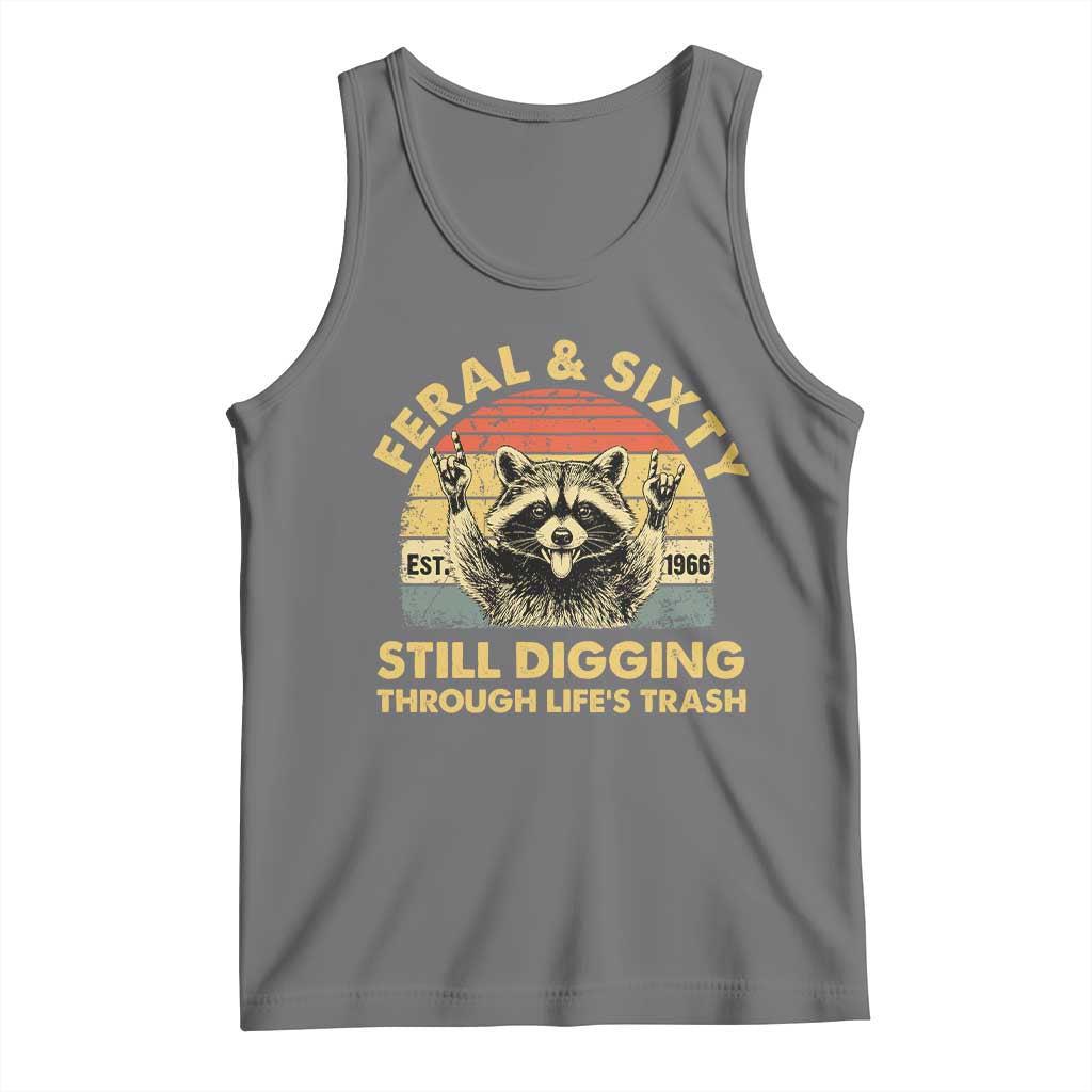 60th Birthday Raccoon Tank Top Feral And Sixty Still Digging Through Life's Trash Est 1966 TS11 Black Heather Print Your Wear