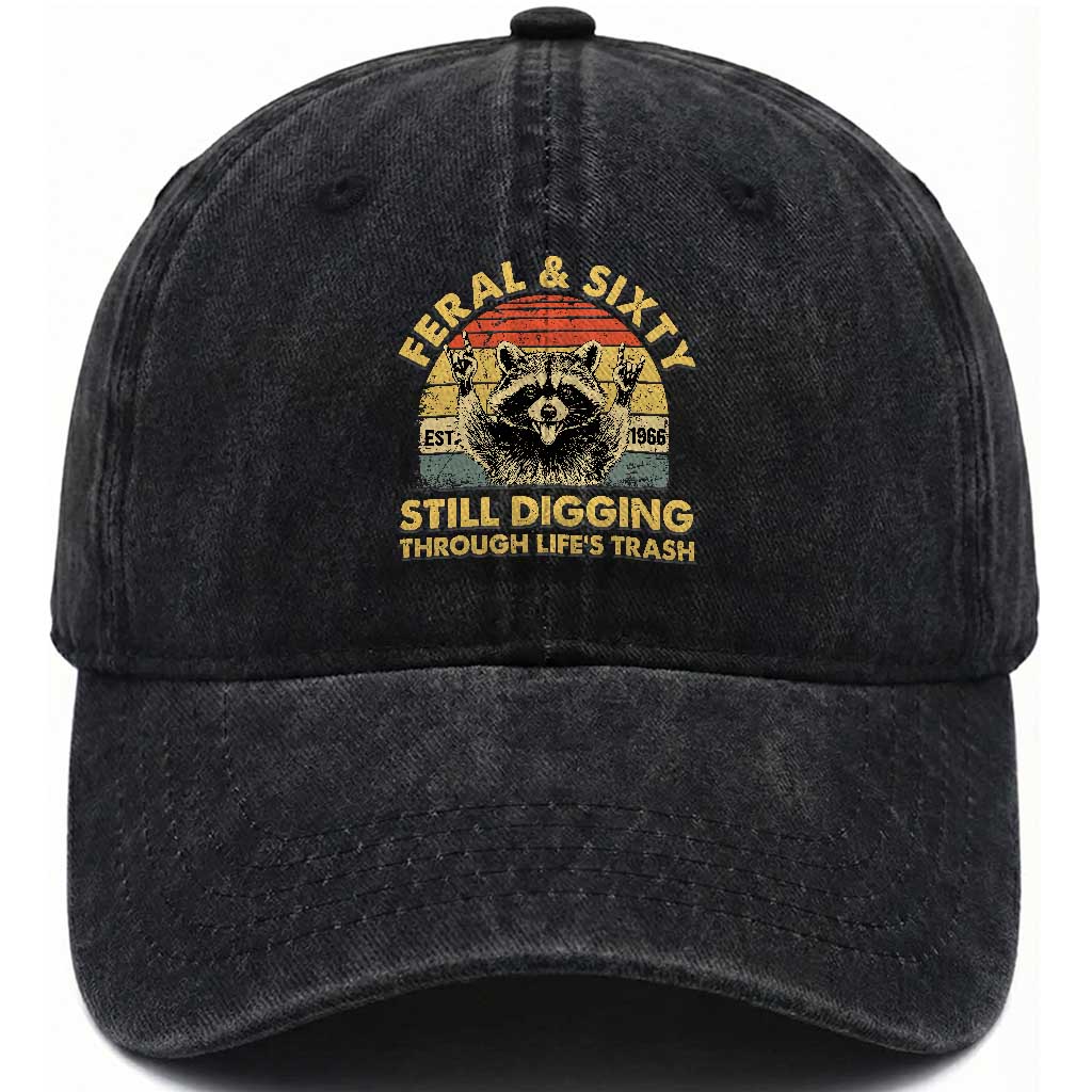 60th Birthday Raccoon Washed Cotton Baseball Cap Feral And Sixty Still Digging Through Life's Trash Est 1966 TS11 Print Your Wear