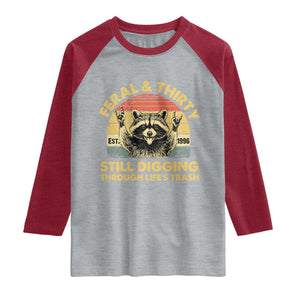 30th Birthday Raccoon Raglan Shirt Feral And Thirty Still Digging Through Life's Trash Est 1996 TS11 Heather Gray Heather Red Print Your Wear
