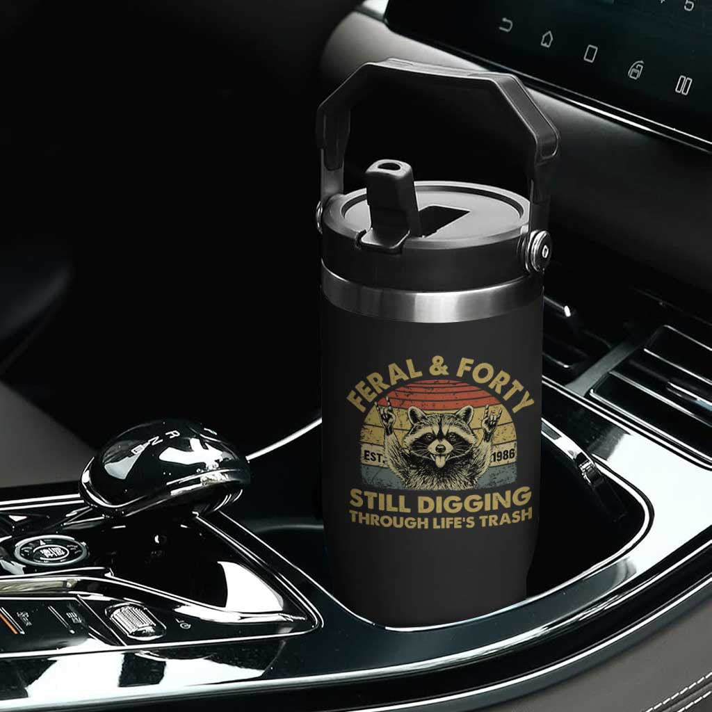 40th Birthday Raccoon Flip Straw Tumbler Feral And Forty Still Digging Through Life's Trash Est 1986 TS11 Print Your Wear