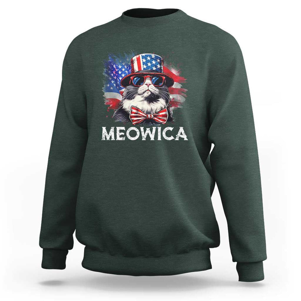 Funny 4th Of July Sweatshirt Meowica American Flag USA Cat TS11 Dark Forest Green Print Your Wear