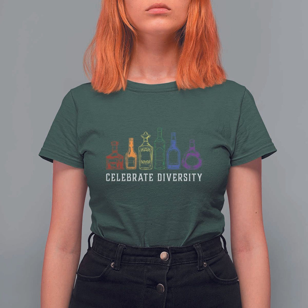 LGBTQ Pride T Shirt For Women Celebrate Diversity LGBT Flag Wine Drinker TS11 Dark Forest Green Print Your Wear
