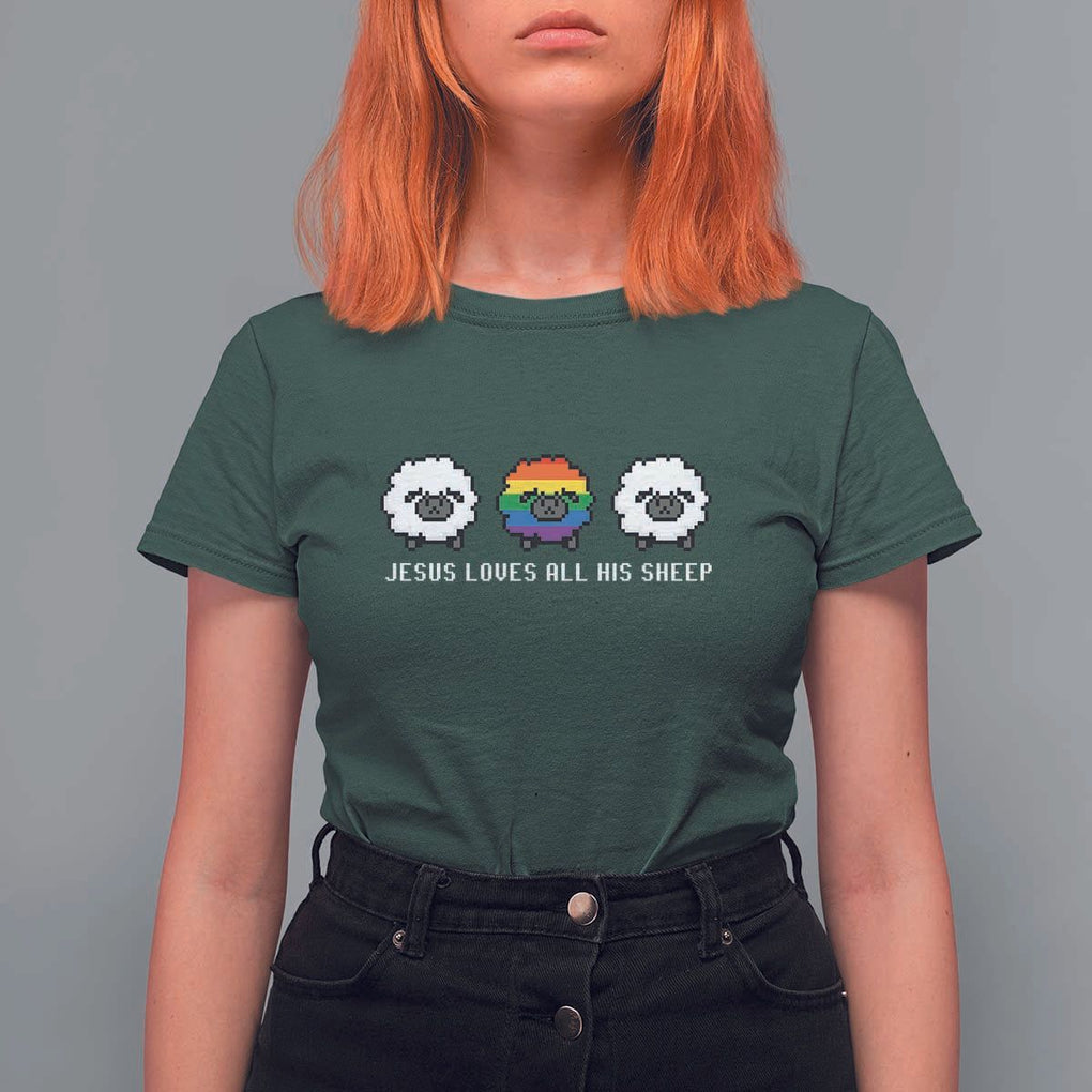 LGBTQ T Shirt For Women Jesus Loves All His Sheep Gay Pride Woolly Sheep TS11 Dark Forest Green Print Your Wear