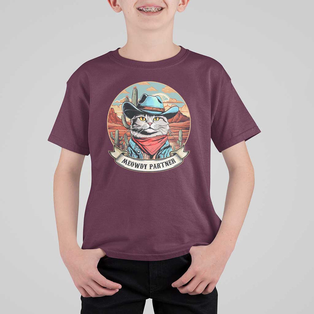 Meowdy Partner T Shirt For Kid Cowboy Cat Country Western Pet Owner TS11 Maroon Print Your Wear