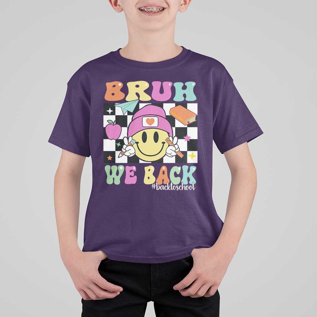 Bruh We Back T Shirt For Kid Back To School Retro Groovy Smiley Face TS11 Purple Print Your Wear