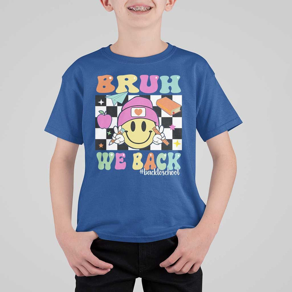 Bruh We Back T Shirt For Kid Back To School Retro Groovy Smiley Face TS11 Royal Blue Print Your Wear