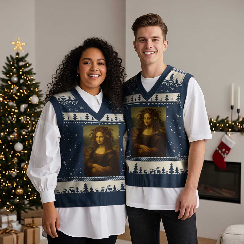 Medusa Mona Lisa V-Neck Knit Sweater Vest Greek Mythology Ancient TS11 Navy Beige Print Your Wear