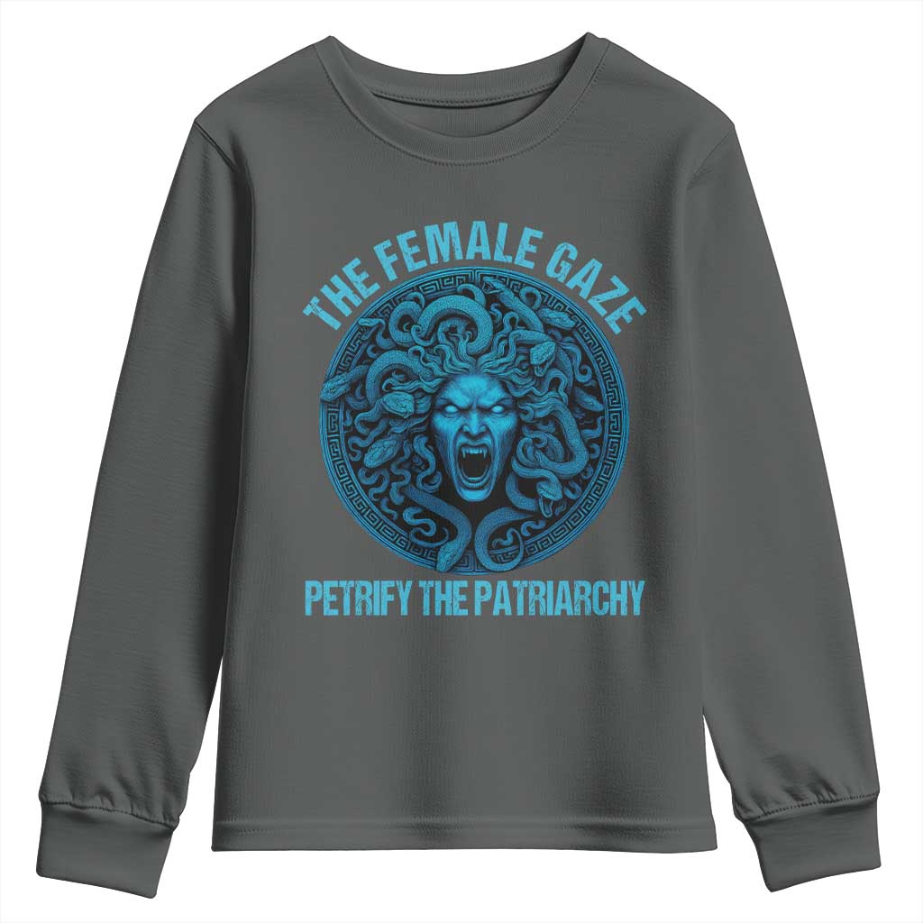 The Female Gaze Petrify The Patriarchy Youth Sweatshirt Medusa Feminist TS11 Dark Heather Print Your Wear