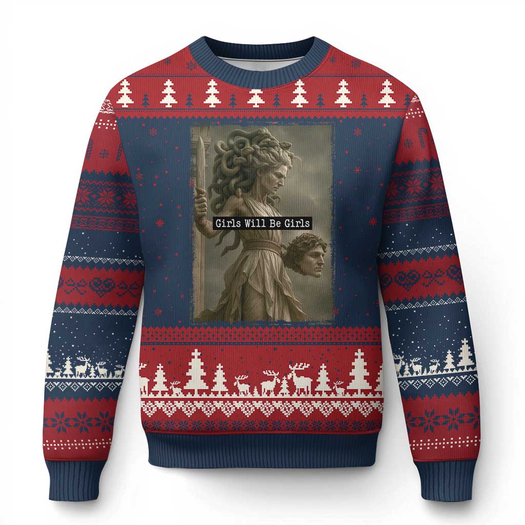 Girls Will Be Girls Medusa Feminist Ugly Christmas Sweater Women's Right - Print Your Wear