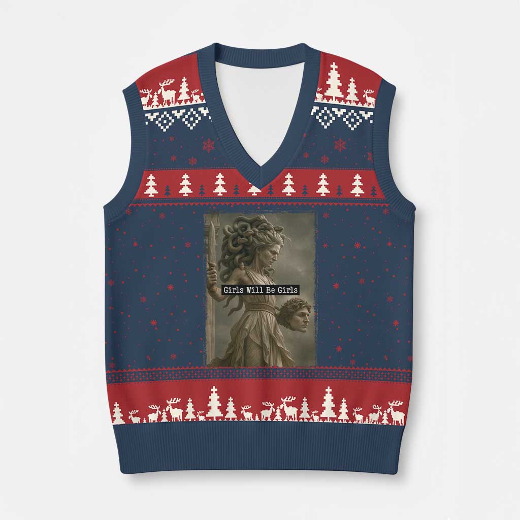 Girls Will Be Girls Medusa Feminist V-Neck Knit Sweater Vest Women's Right TS11 Navy Red Print Your Wear