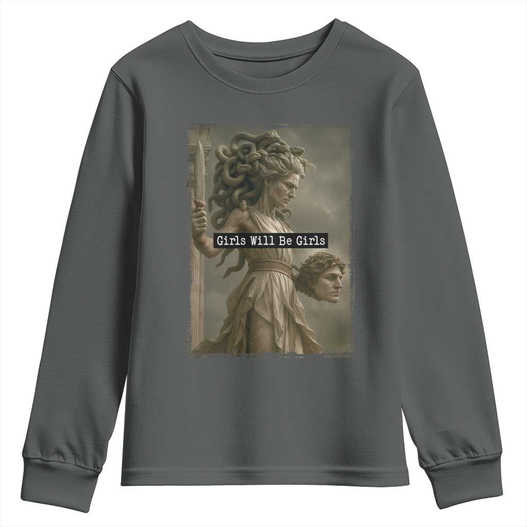 Girls Will Be Girls Medusa Feminist Youth Sweatshirt Women's Right TS11 Dark Heather Print Your Wear