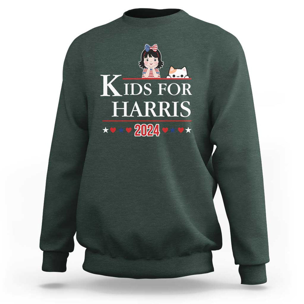 Kids For Harris Sweatshirt Cat And Toddlers Love Kamala US Flag TS11 Dark Forest Green Print Your Wear