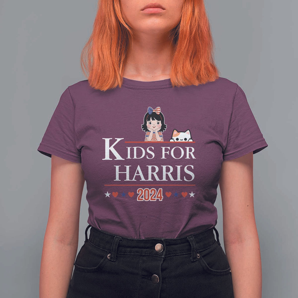 Kids For Harris T Shirt For Women Cat And Toddlers Love Kamala US Flag TS11 Maroon Print Your Wear