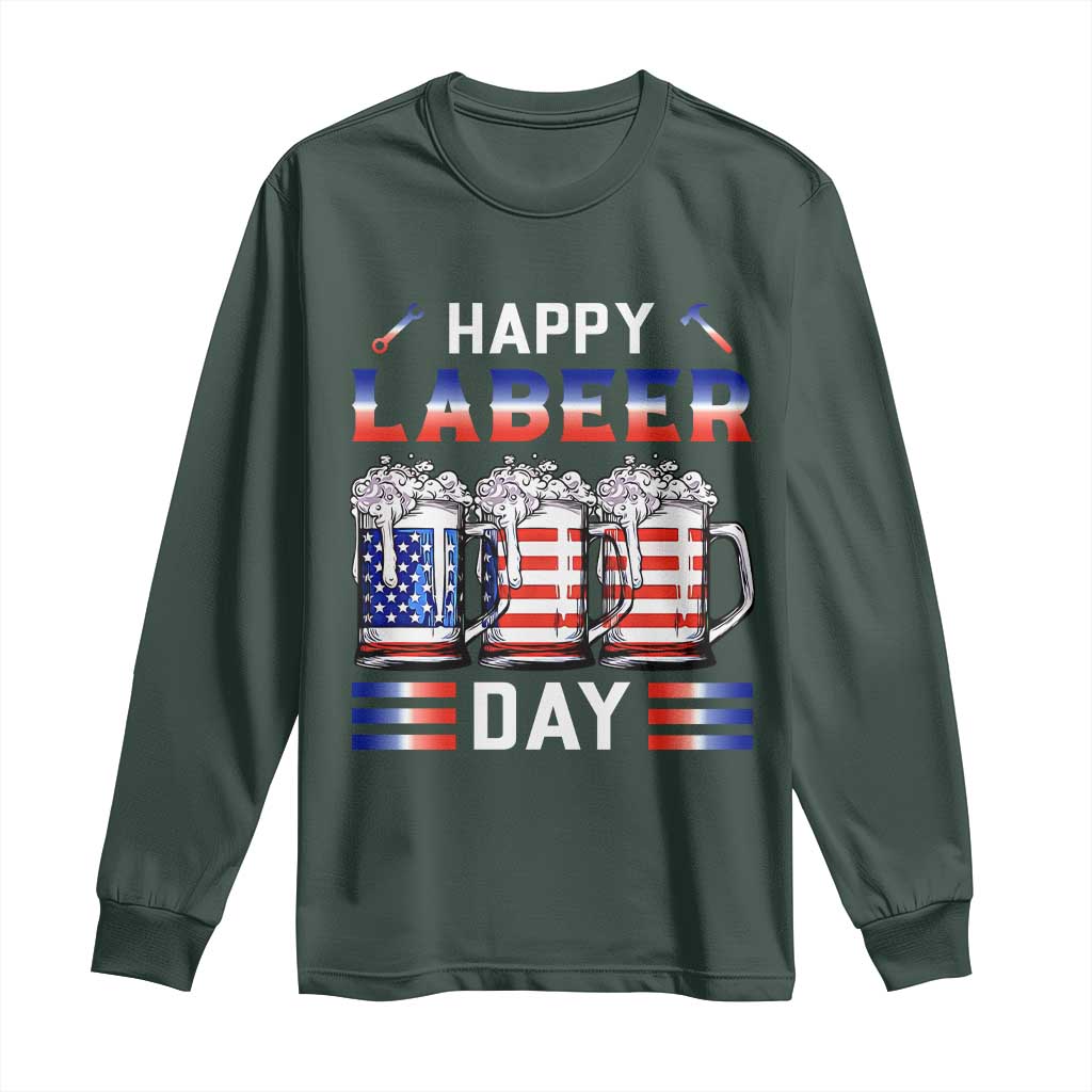 Funny Labor Day Drinking Long Sleeve Shirt Labeer Day American Flag Beer Mug TS11 Dark Forest Green Print Your Wear