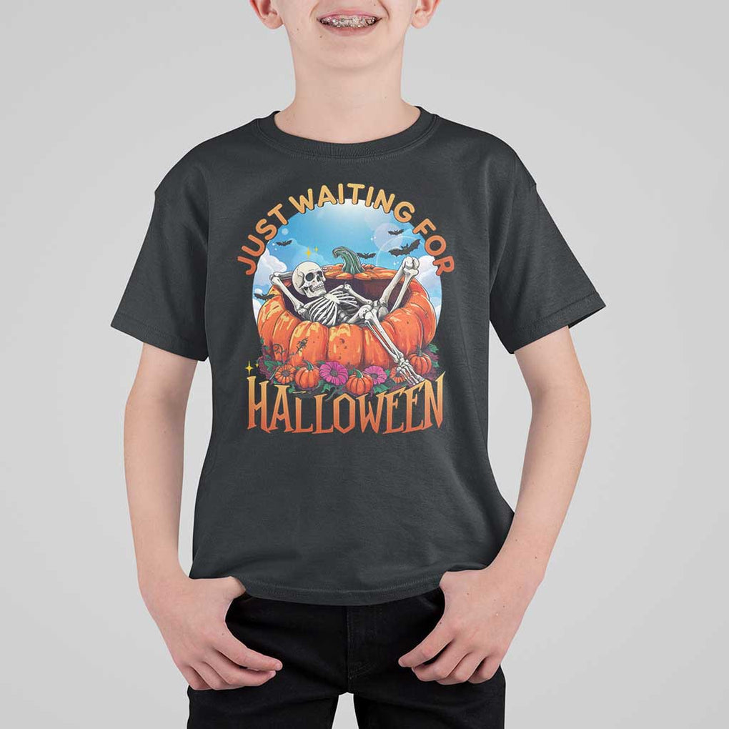 Just Waiting For Halloween T Shirt For Kid Spooky Skeleton Pumpkin Summer Vibes TS11 Black Print Your Wear