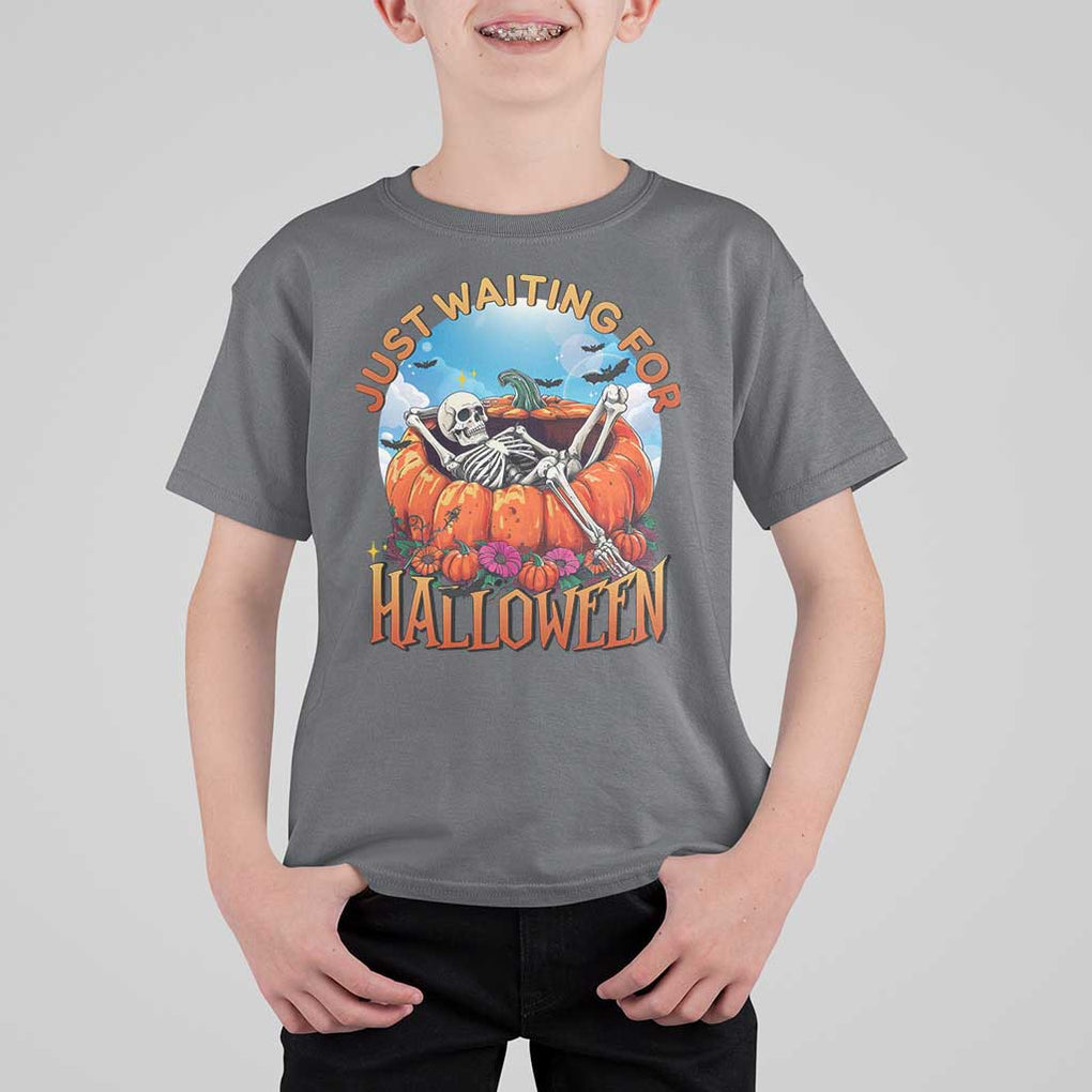 Just Waiting For Halloween T Shirt For Kid Spooky Skeleton Pumpkin Summer Vibes TS11 Charcoal Print Your Wear