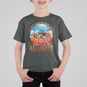 Just Waiting For Halloween T Shirt For Kid Spooky Skeleton Pumpkin Summer Vibes TS11 Dark Heather Print Your Wear