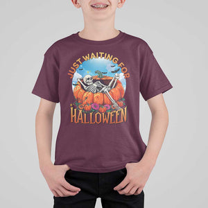 Just Waiting For Halloween T Shirt For Kid Spooky Skeleton Pumpkin Summer Vibes TS11 Maroon Print Your Wear