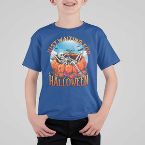 Just Waiting For Halloween T Shirt For Kid Spooky Skeleton Pumpkin Summer Vibes TS11 Royal Blue Print Your Wear