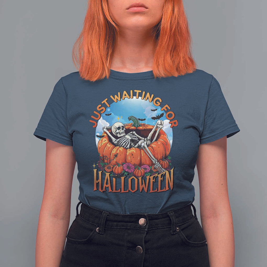 Just Waiting For Halloween T Shirt For Women Spooky Skeleton Pumpkin Summer Vibes TS11 Navy Print Your Wear