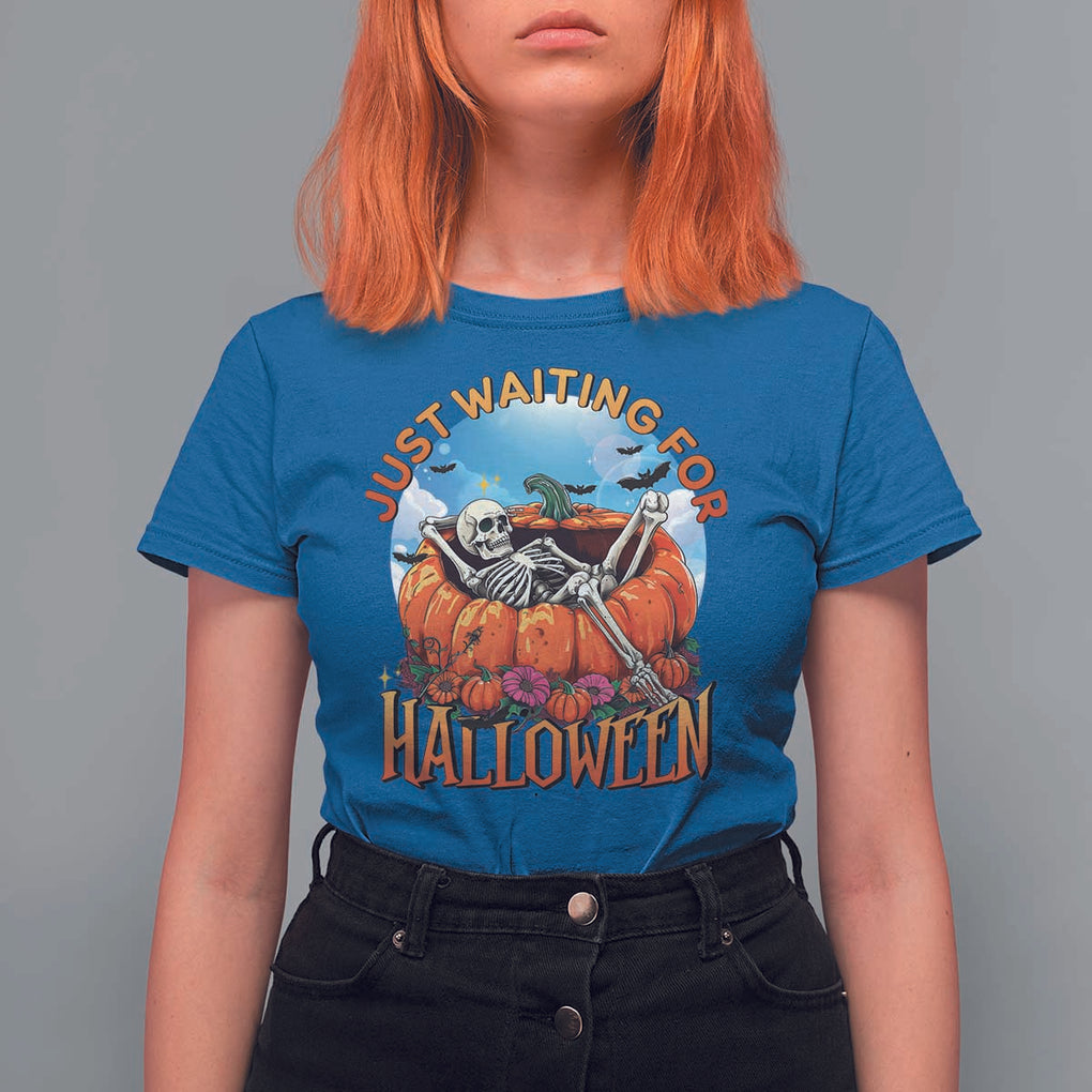Just Waiting For Halloween T Shirt For Women Spooky Skeleton Pumpkin Summer Vibes TS11 Royal Blue Print Your Wear