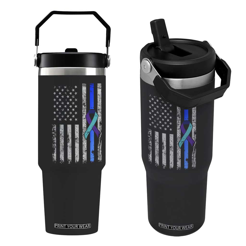 Police Suicide Prevention Awareness American Flag Ribbon Support Flip Straw Tumbler