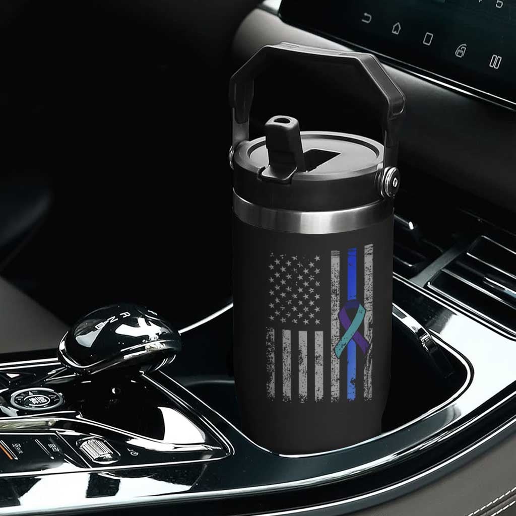 Police Suicide Prevention Awareness American Flag Ribbon Support Flip Straw Tumbler
