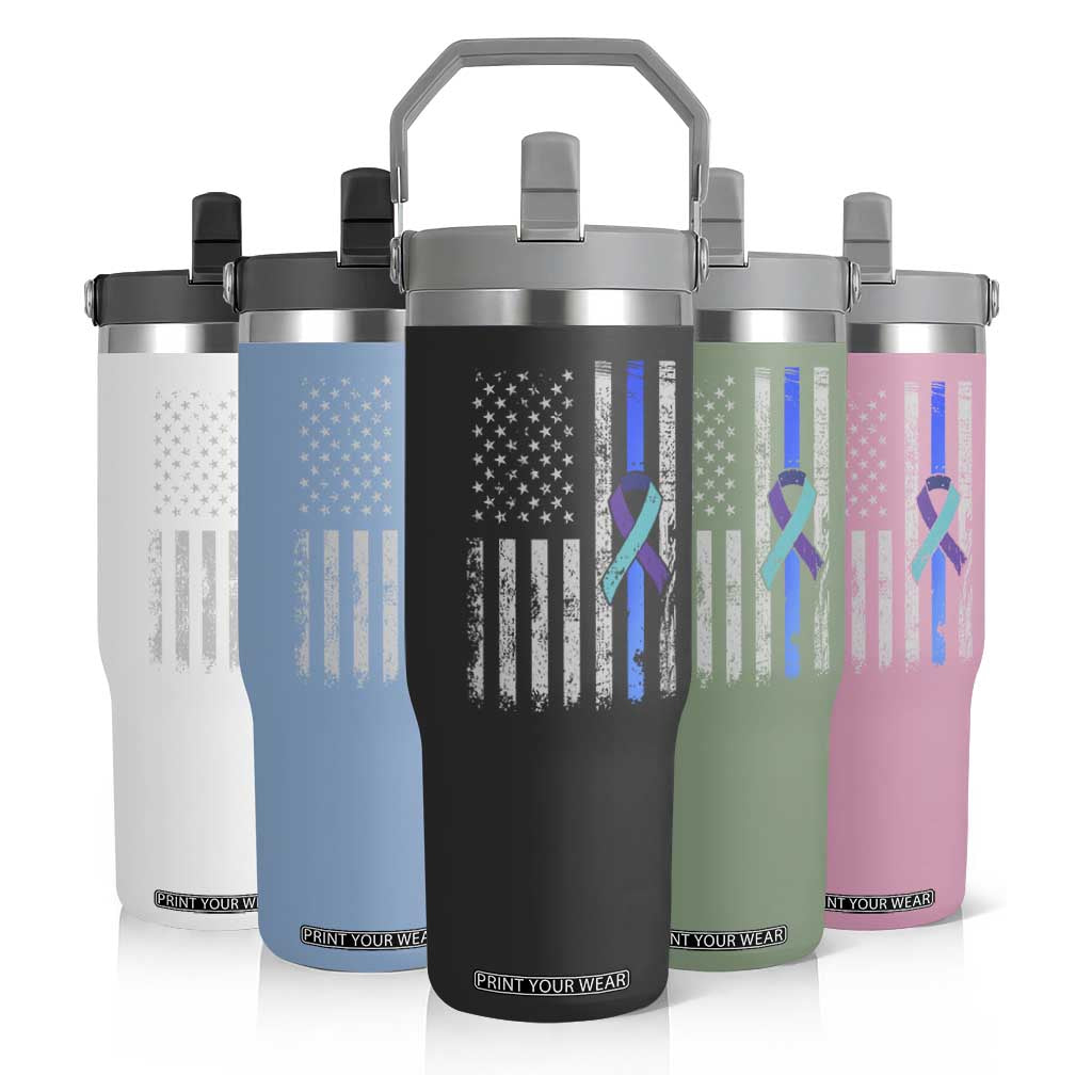 Police Suicide Prevention Awareness American Flag Ribbon Support Flip Straw Tumbler