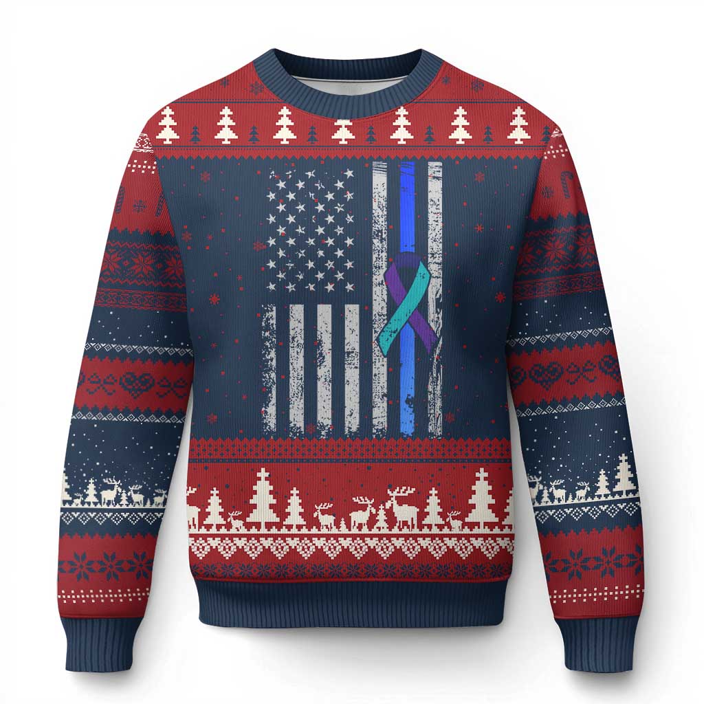 Police Suicide Prevention Awareness American Flag Ribbon Support Ugly Christmas Sweater