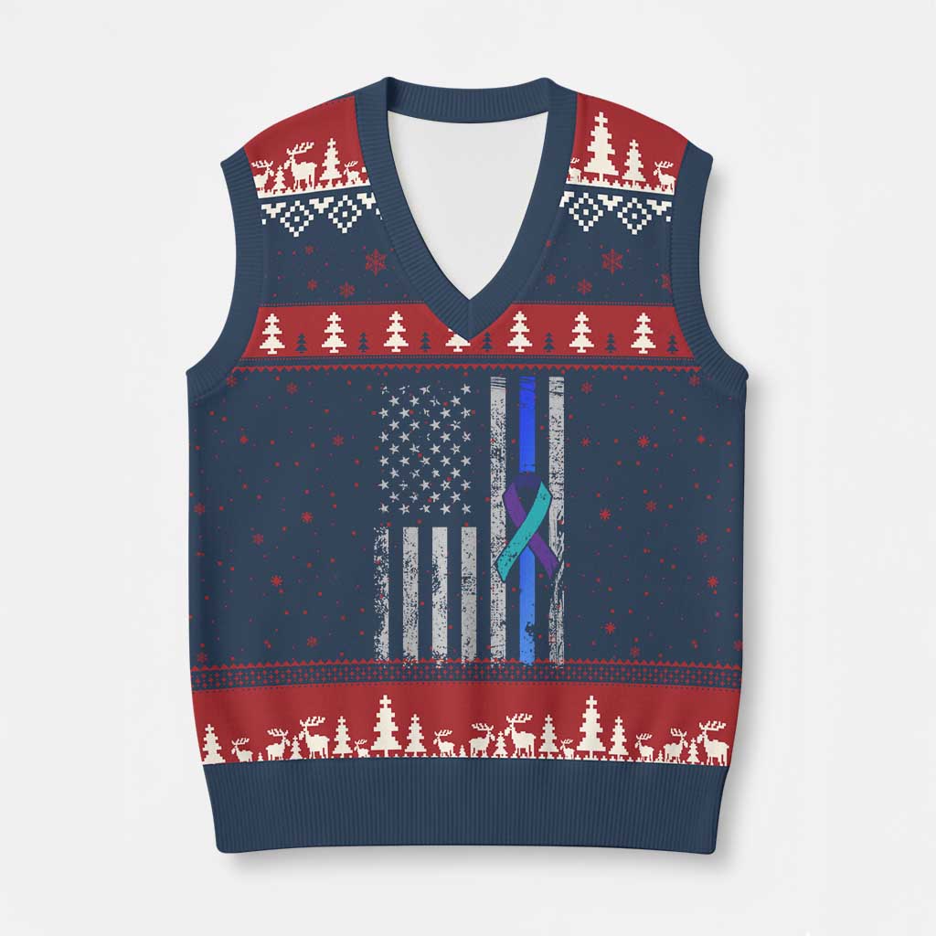 Police Suicide Prevention Awareness American Flag Ribbon Support V-Neck Knit Sweater Vest