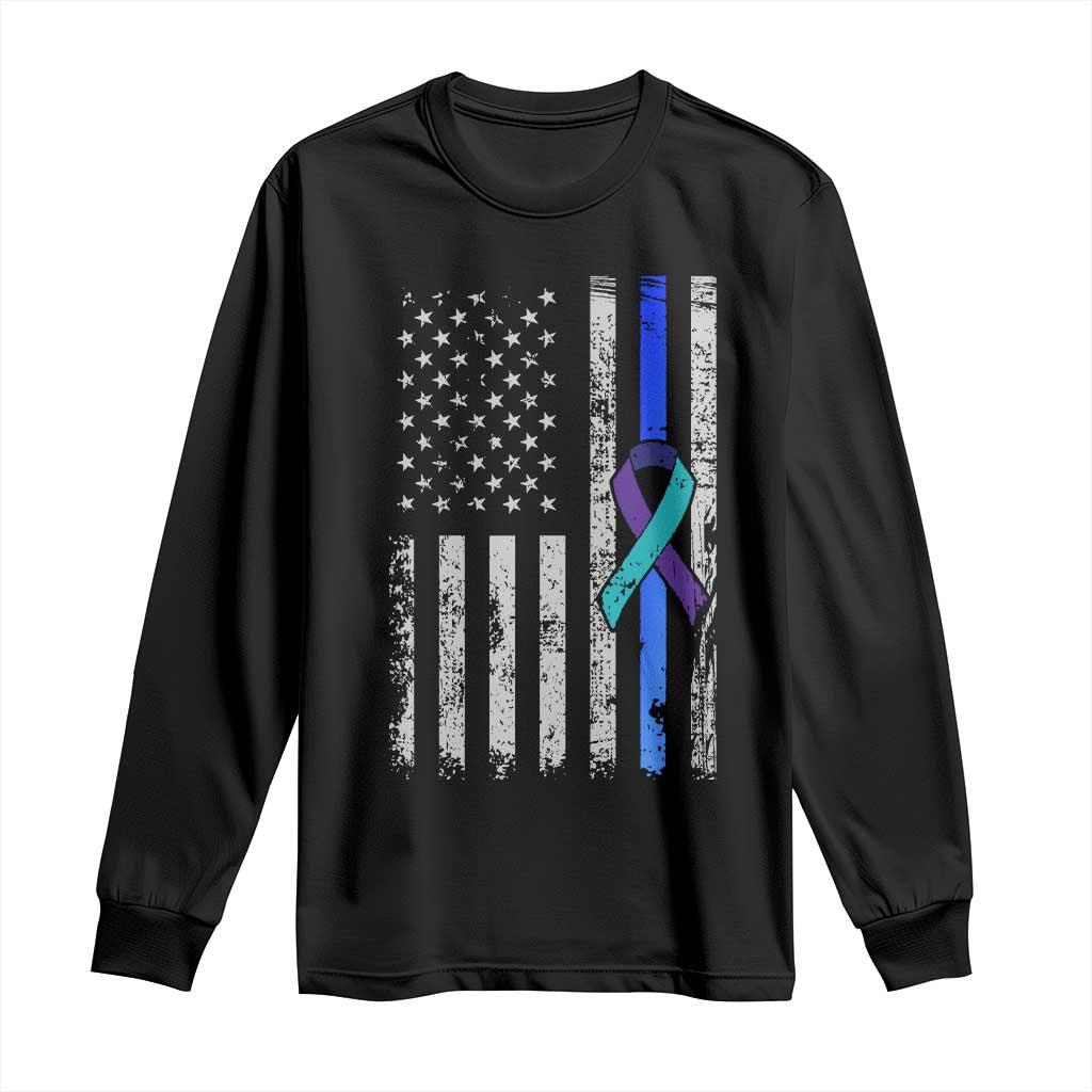 Police Suicide Prevention Awareness American Flag Ribbon Support Long Sleeve Shirt TS11 Black Print Your Wear
