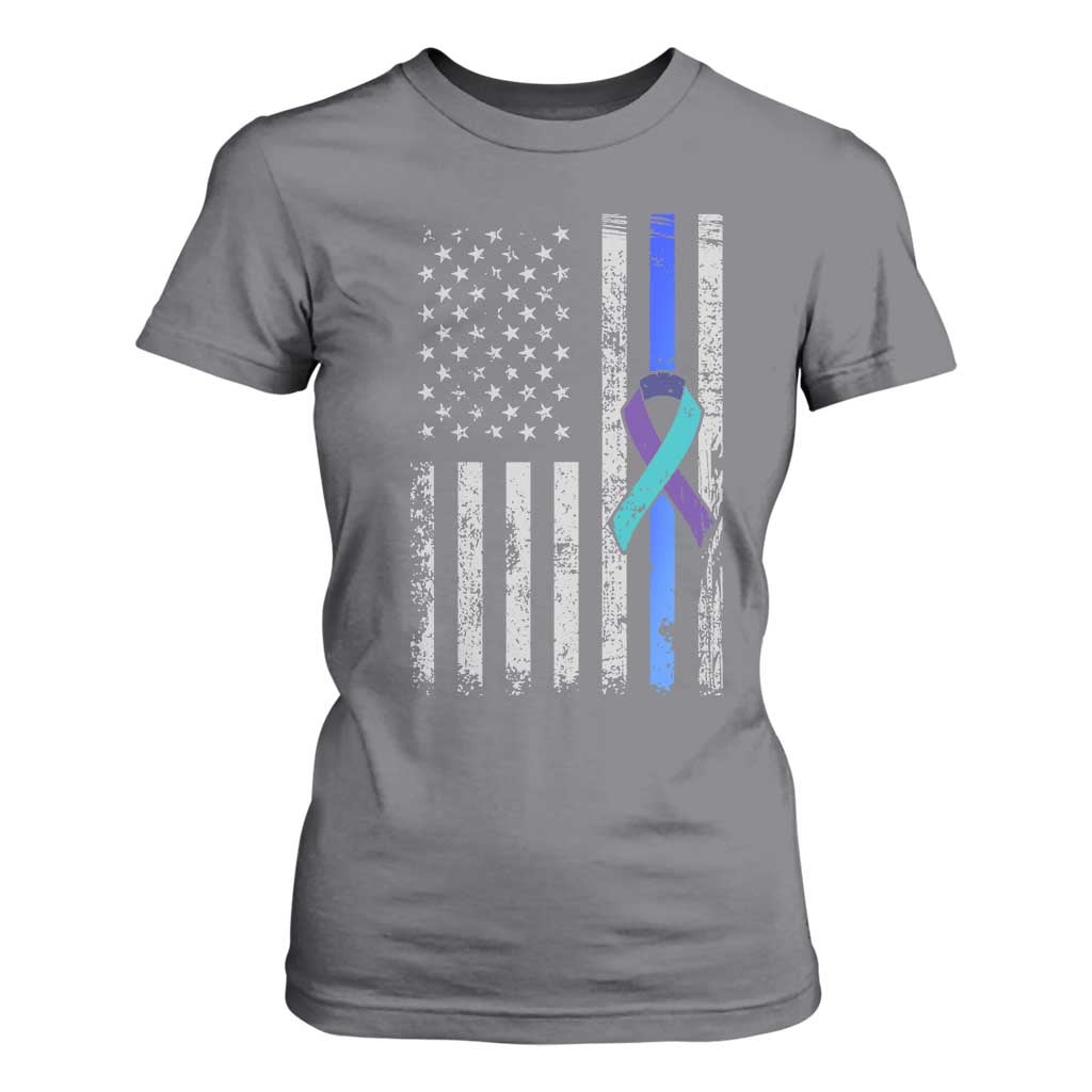 Police Suicide Prevention Awareness American Flag Ribbon Support T Shirt For Women