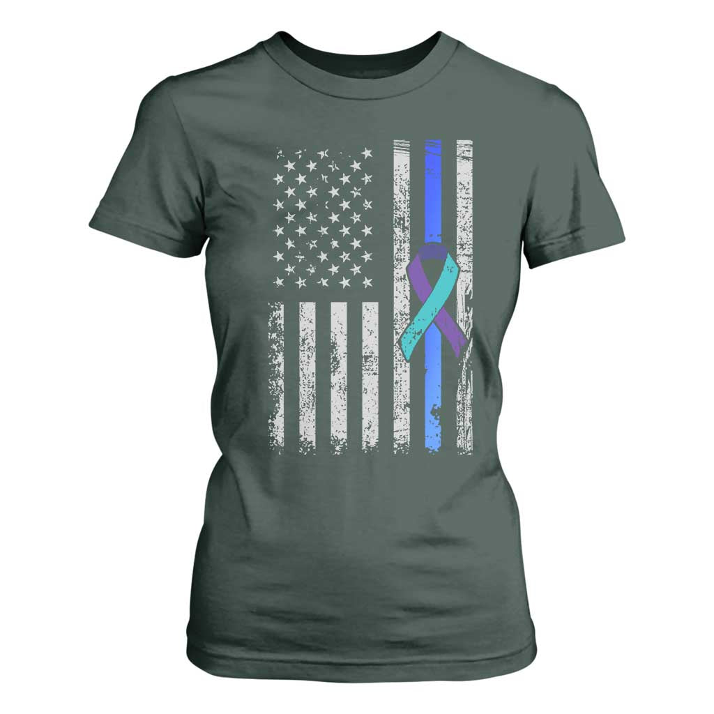 Police Suicide Prevention Awareness American Flag Ribbon Support T Shirt For Women