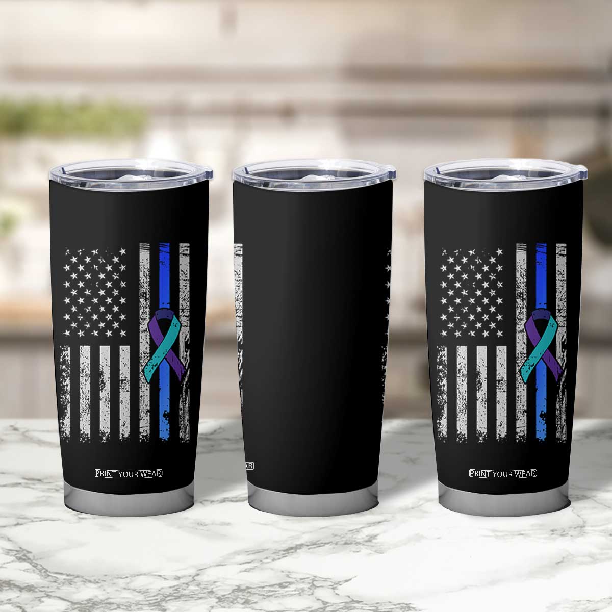 Police Suicide Prevention Awareness American Flag Ribbon Support Tumbler Cup