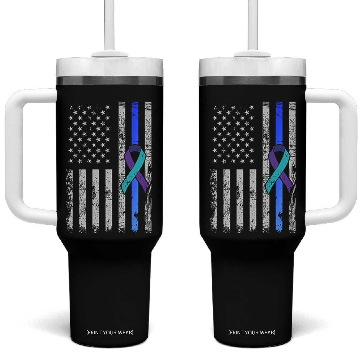 Police Suicide Prevention Awareness American Flag Ribbon Support Tumbler With Handle TS11 One Size: 40 oz Black Print Your Wear