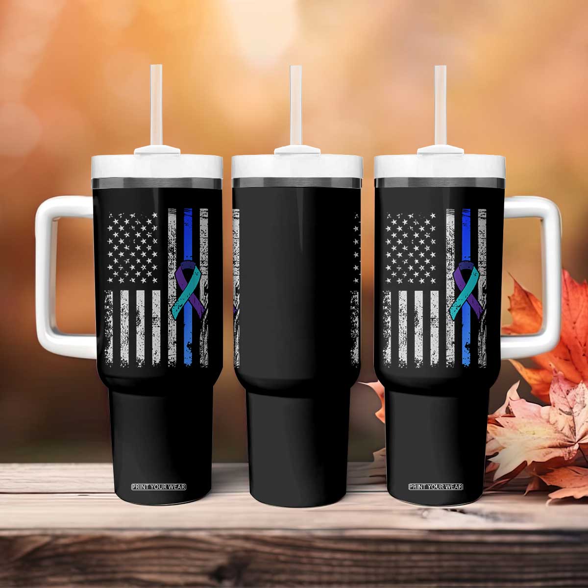 Police Suicide Prevention Awareness American Flag Ribbon Support Tumbler With Handle