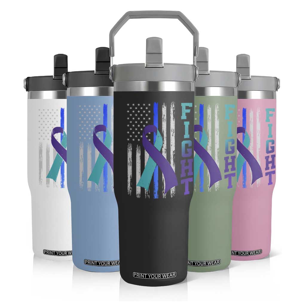 Fight Police Suicide Prevention Awareness American Flag Ribbon Support Flip Straw Tumbler