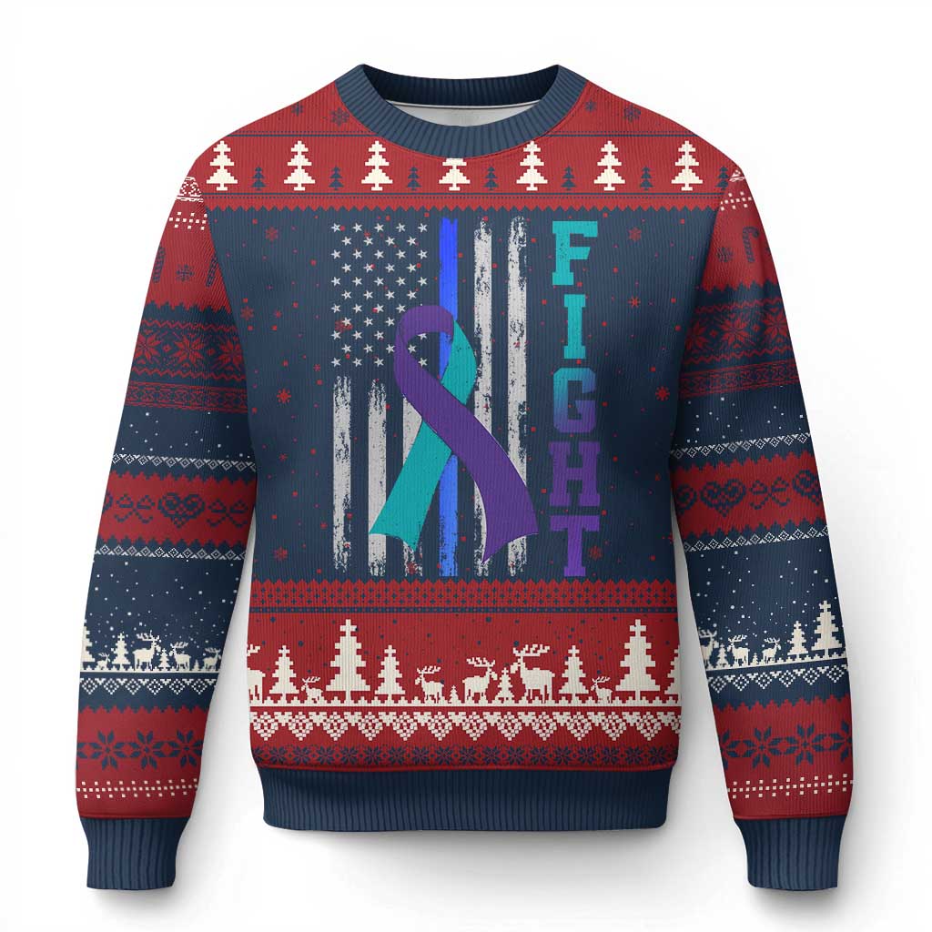 Fight Police Suicide Prevention Awareness American Flag Ribbon Support Ugly Christmas Sweater TS11 Navy Red Print Your Wear