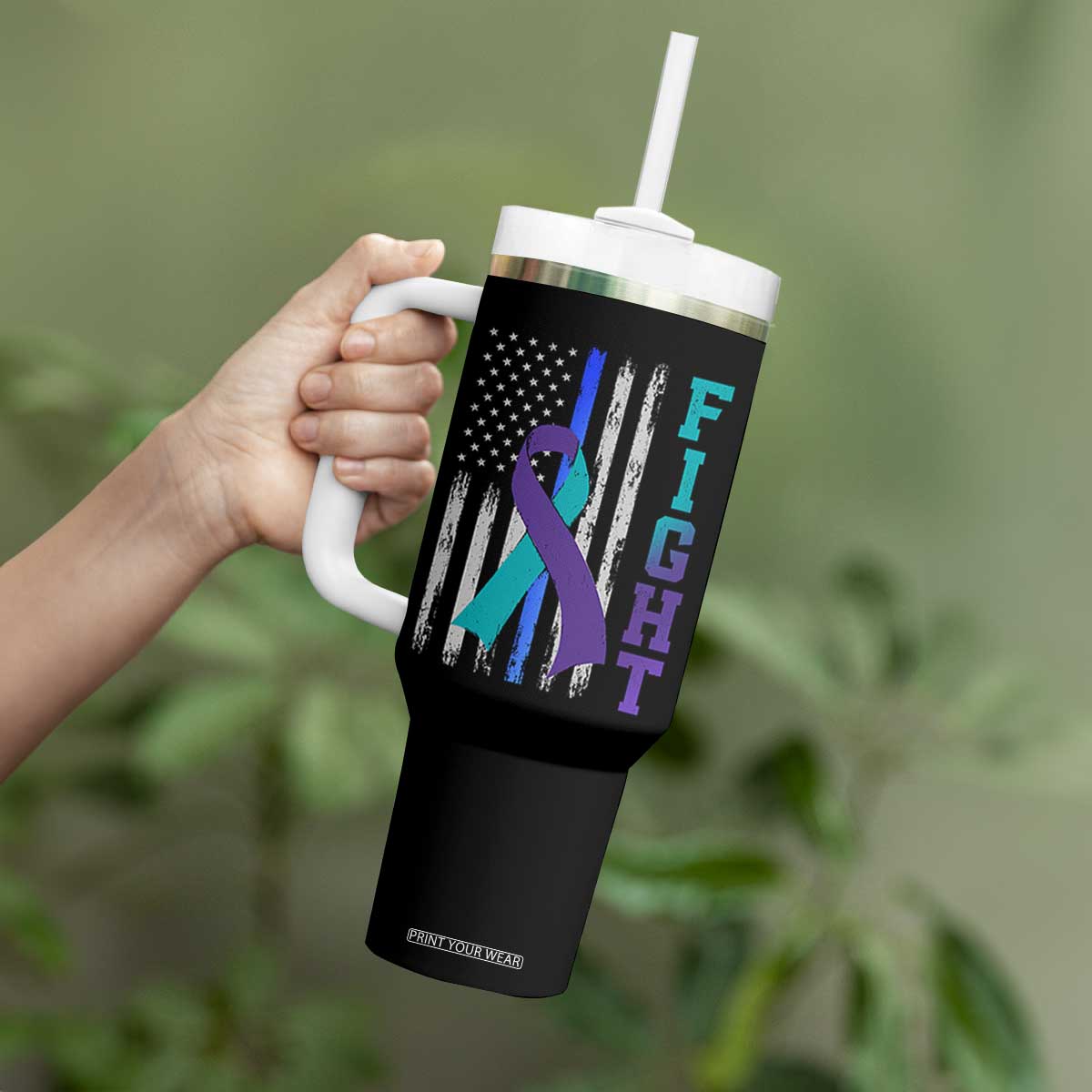 Fight Police Suicide Prevention Awareness American Flag Ribbon Support Tumbler With Handle